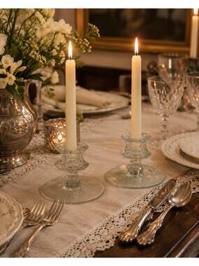 Vintage Clear Glass Candle Holders Pair Octagonal Chamberstick Style